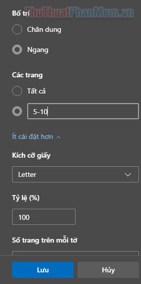 Chọn hướng in ngang hoặc dọc và phạm vi trang mà mình muốn lưu