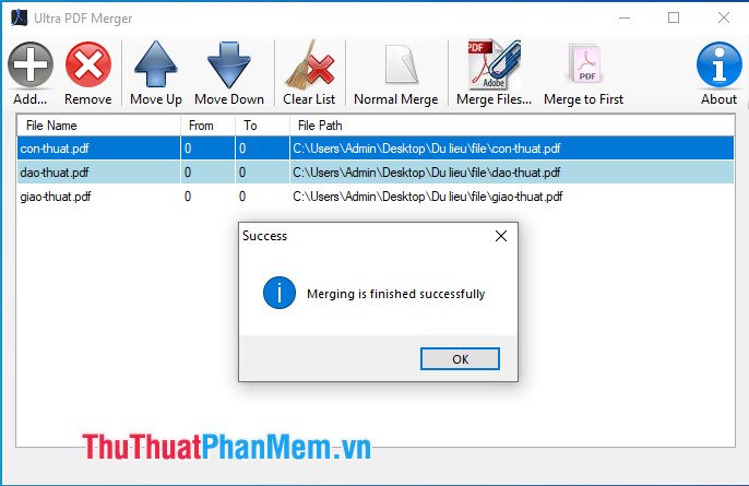 Chọn OK tắt thông báo Merging is finished successfully