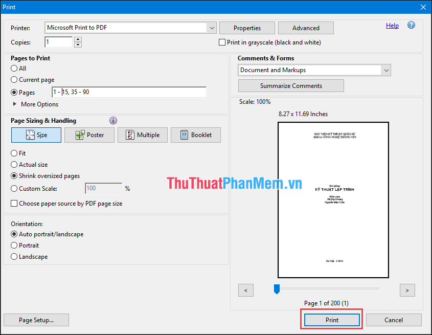 Chọn Print để tiến hành tách file