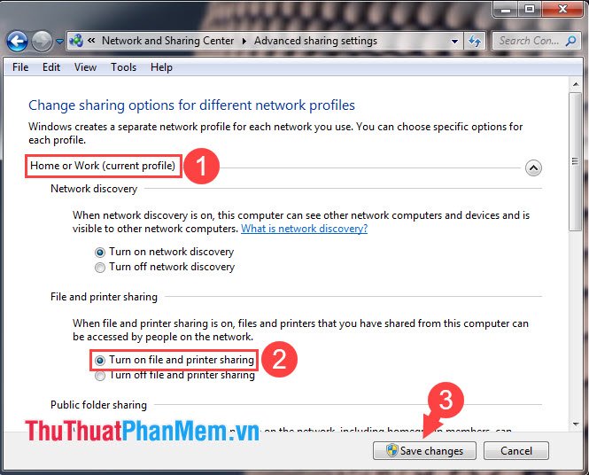 Chọn Turn on file and printer sharing
