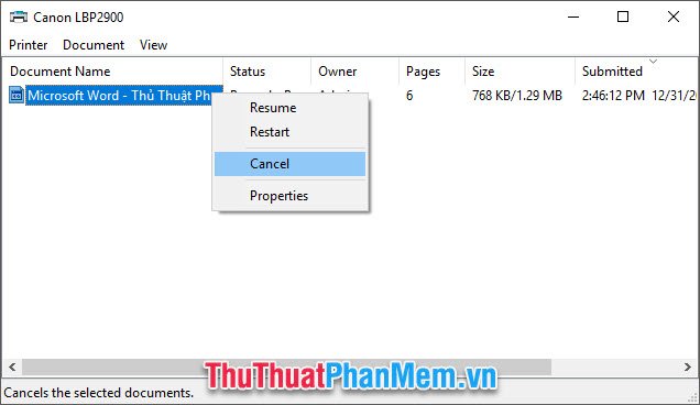Click chuột phải vào lệnh in muốn xóa sau đó chọn Cancel