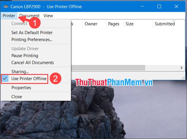 Click vào Use Printer Offline