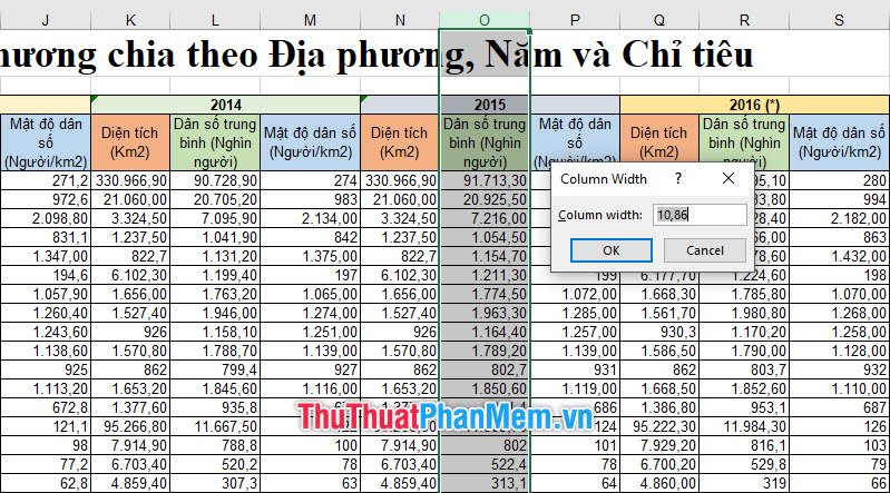 Điền thông số thích hợp để điều chỉnh lại độ rộng của cột dữ liệu
