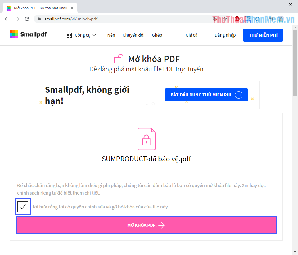 Đồng ý với điểu khoản và nhấn Mở khóa PDF để bắt đầu