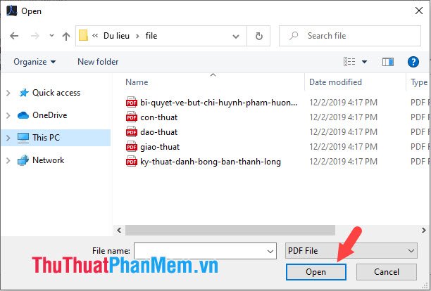 Mở các file PDF cần nối và bấm Open