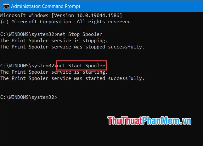 Nhập lệnh net Start Spooler