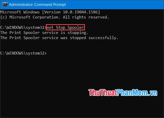 Nhập lệnh net Stop Spooler