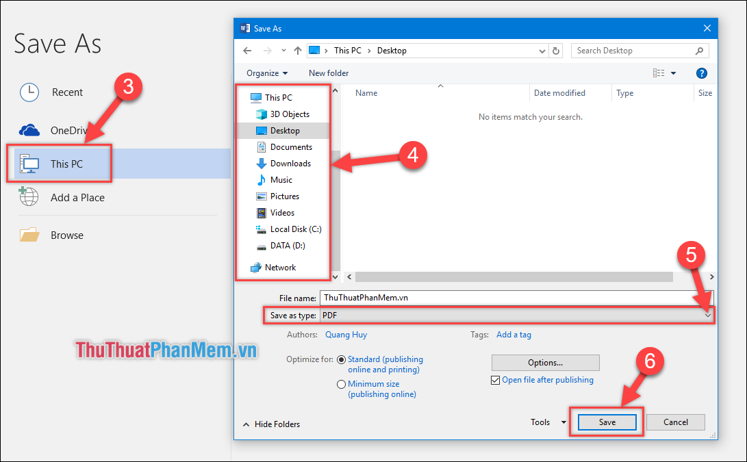 Tại mục Save as type, chọn định dạng PDF
