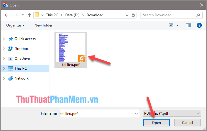 Tìm đến file PDF cần chuyển đổi và nhấn Open