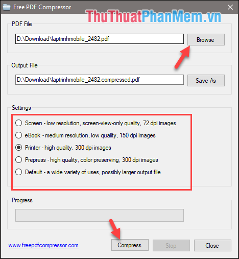 Trong mục PDF File các bạn nhấn Browse để chọn file PDF cần nén